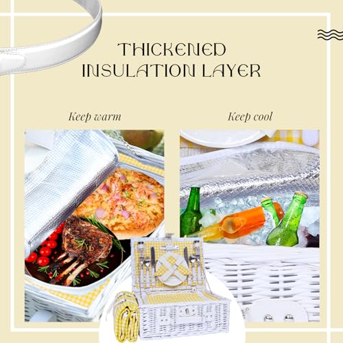 Picnic Basket Set for 4 with Waterproof Blanket Mat Insulation Bag Wicker White Yellow Light Fresh Gifts for Wedding Birthday Summer Camp Outdoor Camping Beach Travel Christmas Thanksgiving - color: Yellow Grid