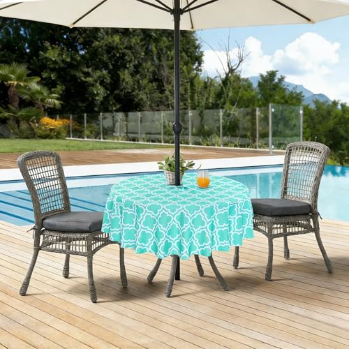 Poise3EHome Round Outdoor Tablecloth with Umbrella Hole and Zipper,Aqua Blue 70 Inch,Polyester SpillProof Washable Table Cloth for Spring Summer Patio Garden Poolside Picnic Camping BBQS - color: Aqua Blue, size: 70" (Round)