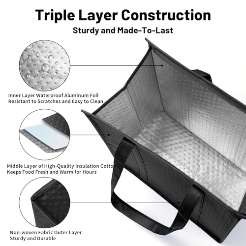 Insulated Grocery Bags with Zippered top Frozen Food Shopping Groceries Travel Insulated Tote Cooler Thermal Bags - color: Black