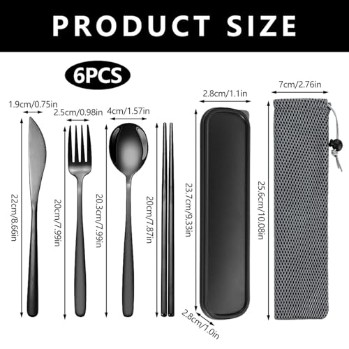 Travel Utensils With Case, 6Pcs Forks Spoons Knife Chopsticks Reusable Cutlery Set, Stainless Steel Flatware Set, Portable Silverware for Camping Picnic Work School, Dishwasher Safe (Black) - color: Black