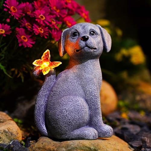Nacome Solar Dog Outdoor Statues for Garden: Outside Decor with Butterfly Clearance for Yard Art Lawn Ornaments Patio Balcony Home House for Mom Grandma Women - color: Garden Dog