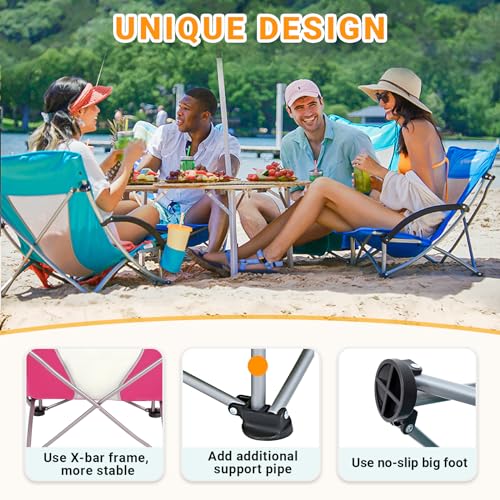 KingCamp Low Beach Chair Folding Portable Lightweight Backpack Chair for Adults with Cup Holder Pocket Carry Bag for Outdoor Camping Concert Festival Travel Sports Lawn Sand, Rose - color: Darkrose-low Back