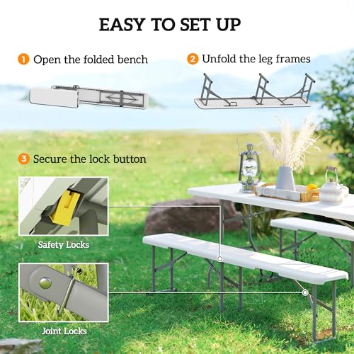 Outsunny 2-Pack 6 Ft. Plastic Folding Benches, Portable Foldable Bench Seats with Carrying Handle, Non-Slip Mat, HDPE Tabletop, Picnic Benches for Camping Dining Picnic BBQ Sports, White - color: White