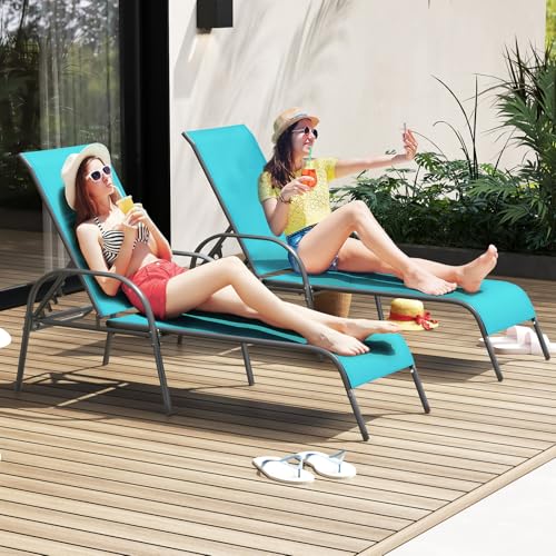 Giantex 2 Pack Patio Lounge Chair, Outdoor Chaise Lounge with 5 Adjustable Backrest, Sturdy Steel Frame, Sunbathing Recliner, Tanning Chair for Beach, Outside, Yard, Balcony, Pool Chairs (2,Turquoise) - color: Turquoise