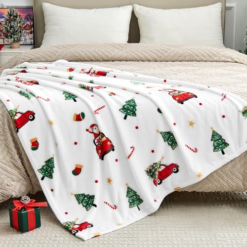 Edenleaf Christmas Blanket - White Holiday Throw with Santa Claus & Snowman - Warm Cozy Fleece Winter Blanket, 50x60 Inches，White - color: 04 Christmas White, size: Throw-50"x60"