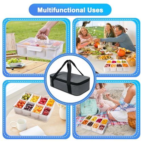 Portable Snackle Box Container with Ice Pack,Snack Container Divided Serving Tray Insulated Bag, Cooling Travel Snacklebox with Lid & Handle,8 Compartment Chilled Serving Tray for Beach,Outdoor,Picnic - color: White