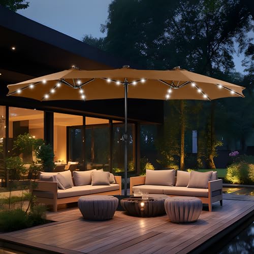 MFSTUDIO 15ft Double Sided Patio Umbrella with Solar Lights, Outdoor Large Umbrellas with Crank Handle and 36 LED Lights, Rectangular Market Umbrella with Base Included for Deck Pool Shade, Tawny - color: Tawny