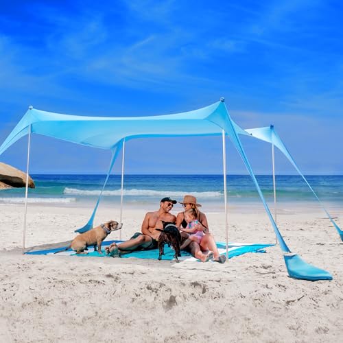 SUN NINJA Beach Tent Sun Shelter UPF50+ - Easy Pop Up Beach Canopy - Outdoor Shade for Camping Trips, Fishing, Backyard Fun Picnics - Sand Shovel, Ground Pegs & Stability Poles - color: Turquoise, size: 10x10 FT 4 Pole