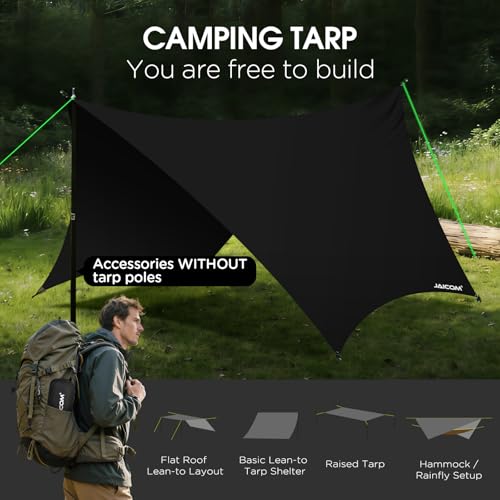 JAICOM Waterproof Hammock Rain Fly, Portable Camping Tarp - 12ft x 9.5ft Large Camp Tarp with Tent Stakes & Trap Clip & Guy Lines, Ultralight Shelter for Backpacking, Outdoor Shade - color: Black