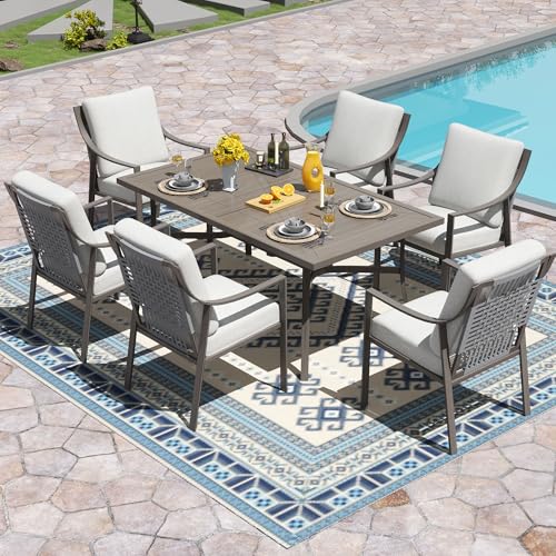 NATURAL EXPRESSIONS 7 Piece Patio Dining Table Outdoor Furniture Set for 6, 6Pcs Fixed Dining Chairs with Olefin Cushions, 65”Large Dining Table with Umbrella Hole - size: 7pcs with 6 Fixed Chairs
