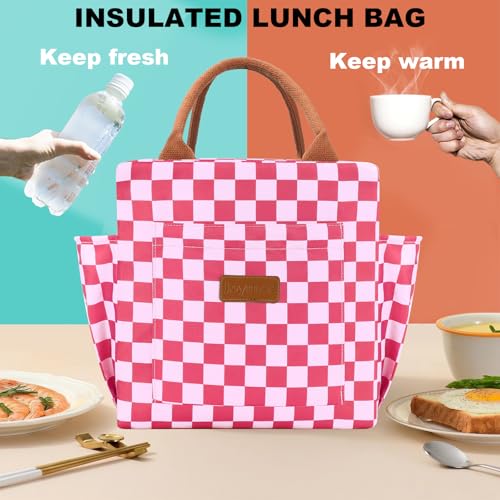 Joymee Lunch Bag Women Insulated Lunch Box Reusable Leakproof Large Spacious Cooler Tote for Women Men Adult with Bottle Holder and Side Pockets for Work Office Travel Picnic - Checker Pink - color: 04 Checker Pink