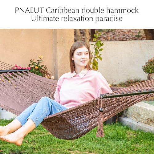 PNAEUT Double Rope Hammocks for Outside, Handwoven Double Caribbean Hammock with Spreader Bar for Outdoor Indoor, Max 600 lbs Capacity (Mocha) - color: Mocha