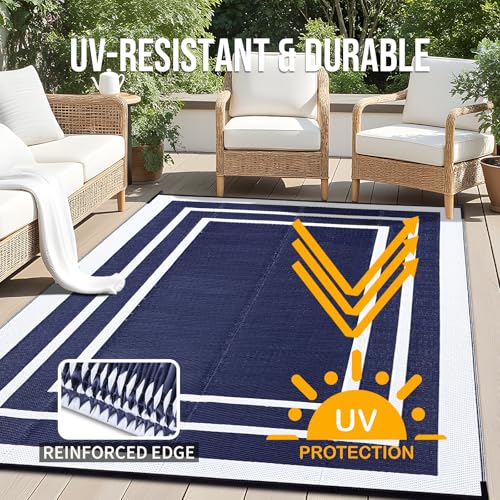 OLANLY Outdoor Rug 6x9 ft Waterproof, Reversible Outdoor Plastic Straw Rug, RV Mat, Indoor Outdoor Carpet Clearance for Patio, Camping, Balcony, Deck, Backyard, Navy & White - color: Navy Blue & White, size: 6' X 9' (Rectangular)