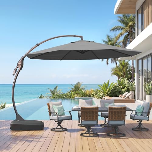 Grand patio 12 FT Sunbrella Cantilever Umbrella with Base Outdoor Aluminum Offset Umbrella with Tilt Adjustment (Charcoal, 12 FT-SUNBRELLA) - color: Charcoal-SUNBRELLA, size: 12 FT