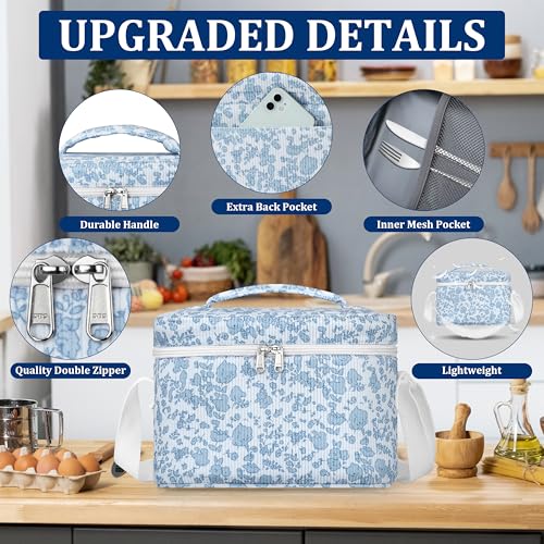 TESAFNG Insulated Lunch Bag for Women, Cute Corduroy Reusable Lunch Box for Adult, Leakproof Cooler Bag for Work Office Travel Picnic, Lunch Tote Bag with Adjustable Shoulder Strap (Blue Flower) - color: Blue Flower