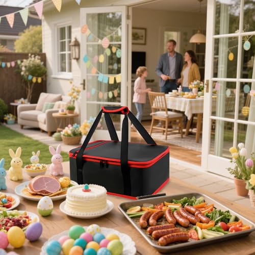 Insulated Resuable Casserole Carrier Bag for Hot or Cold Food, Foldable Portable Prep Carrier, Thermal Food Transport Bag for 9''x13'' & 11''x15'' Baking Pan, Travel Picnic Cake Dessert lunch, Black - size: Standard Black-Red