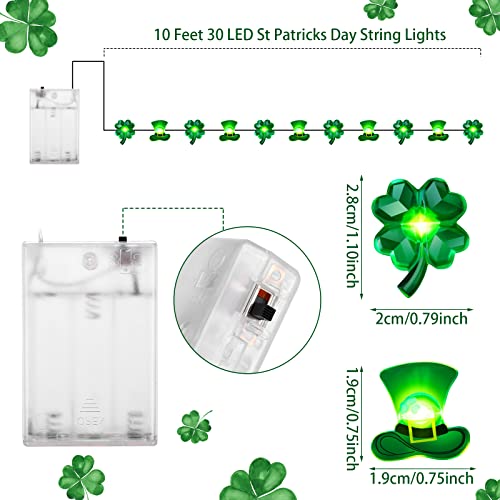 Zhanmai 2 Pcs St. Patrick's Day String Lights Decorations Shamrocks LED Decor 10ft 30 LEDs Horseshoe Leprechaun Hat Fairy Battery Operated Lights,for Green Decor Bedroom Feast Party - style: Shamrock and Hat