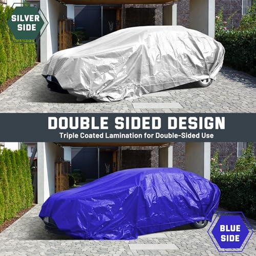 Kesfitt 12 Mil Heavy Duty Waterproof Tarp with Metal Grommets, 8x14 ft, Silver & Blue Reversible Poly Tarp for Outdoor Protection, Yard, Worksite, Pools, Vehicles, Equipment Coverage - size: 8x14 ft
