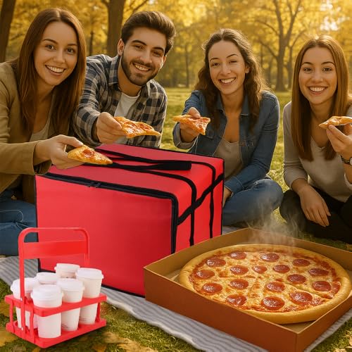 Bodaon Insulated Bag-Pizza Bags for Delivery & Plastic Portable Drink Carrier，20"x 20"x 14"Doordash Warmer/Hot Food Carrier Box, Termicas/Warming/Heat Carrying out Insulation Large Bag, Keeping Cooler - color: Red Bag with Drink Carrier, size: 20" x 20" x