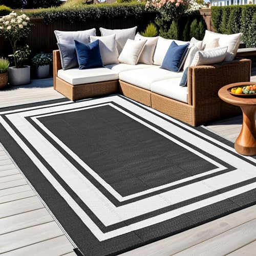 RURALITY Plastic Straw Outdoor Mats 5 ft by 8 ft for Patios Waterproof Rugs for Backyard,Porch,Deck,Balcony,Reversible,Black and White - color: Panel-black&white, size: 5' x 8' (Rectangular)