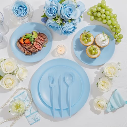 ejonirinjonir EI 150pcs Blue Plastic Plates Disposable Light Blue Baby Shower Plates Heavy Duty Dinnerware Set Plastic Silverware for Party,Wedding,Easter,Spring Afternoon Tea - color: Baby Blue Frosted Plastic Plates