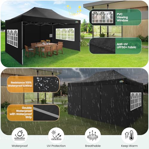 COBIZI 10x15 FT Heavy Duty Pop up Canopy with 4 Removable Sidewalls, Easy up Gazebo High Stability, All Weather Sunshade 100% Waterproof Outdoor Canopy Tents with Carry Bag, Black - color: Black, size: 10x15 with 4 sidewalls