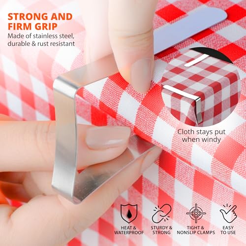 12 Pack Large Tablecloth Clips with 3 Tablecloths - Stainless Steel, Heavy Duty Table Clips for Home, Restaurants, Picnic, Party, Dining Tables - Fits Up to 1.8~3 Inch Thick Tables - color: Large 12 Pack + 3 Tablecloth
