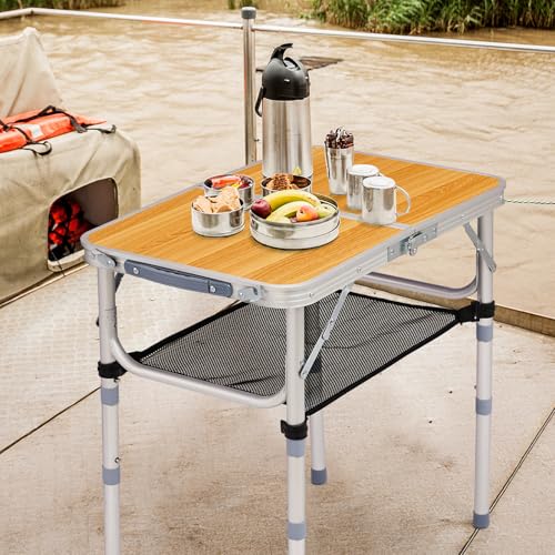 Camping Table, Adjustable Height Folding Table, Portable Aluminum Small Folding Table with Carry Handle for Picnic, BBQ, Indoor, Office (Wood Color, 2 FT) - color: Wood Color, size: 2 FT