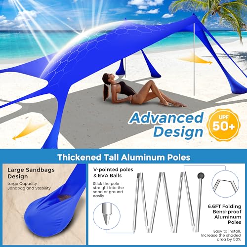 Beach Canopy Beach Tent Pop Up Shade 10x10ft Sun Shelter UPF50+ with 8 Sandbags-2 Sand Shovel-4 Aluminum Poles-Ground Pegs-Portable Carrying Bag for Outdoor Family Camping Fishing Yard Picnic - color: Navy