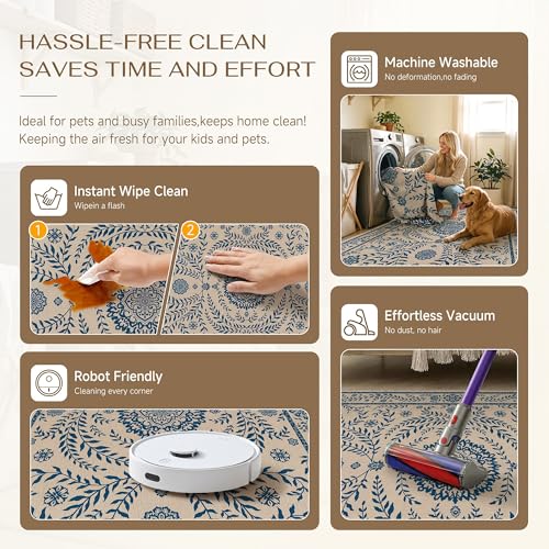 HUGEAR 3x5 Vintage Jute Outdoor Indoor Rug Washable Linen Textured Weave High Traffic Stain Resistant Non Slip Durable Carpet for Patio Deck Balcony Courtyard (Floral Blue, 3' x 5') - color: Floral / Blue, size: 3'x5' (Rectangular)