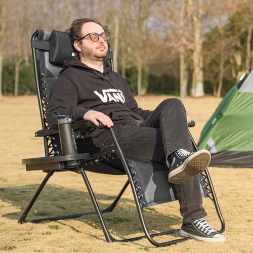 Zero Gravity Chair Oversized Recliner Padded Reclining Patio Chairs Folding XL Anti Gravity Lounge Chair with Adjustable Pillow and Cup Holder for Outdoor Camping Patio Lawn - color: Black & Gray, size: X-Large/1 PCS