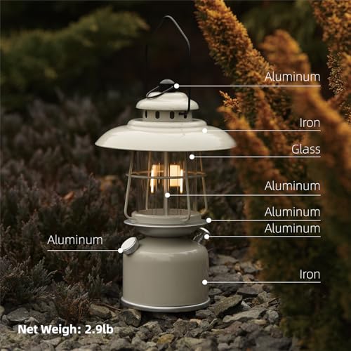 Metal Retro Classic LED Camping Lantern, 6500mAh Rechargeable Battery Last 17-500 Hours Camping Lamp, Large Dimmable Hanging Lantern, Vintage Camping Light with Hook for Courtyard Outdoor Decoration - style: Retro Rock Gray