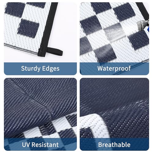9x18 Outdoor Rug Waterproof Large Outdoor Patio Rugs Reversible Plastic Straw Rug, Foldable Fade-Proof & Weather Resistant Large RV Mats with Stakes & Carry Bag for Deck Porch Beach Blue White - color: Border1|blue White, size: 9' x 18' (Rectangular)