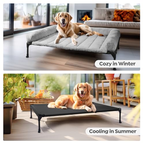 Veehoo Orthopedic Elevated Dog Bed with Fluffy Plush Bolster Cushion, Indoor Raised Dog Beds for Large Dogs, Soft Pet Sofa Cot with Removable Washable Mat, No-Slip Feet, 32 x 25 inches, Grey - color: Grey, size: 32.0"L x 25.0"W x 7.0"Th