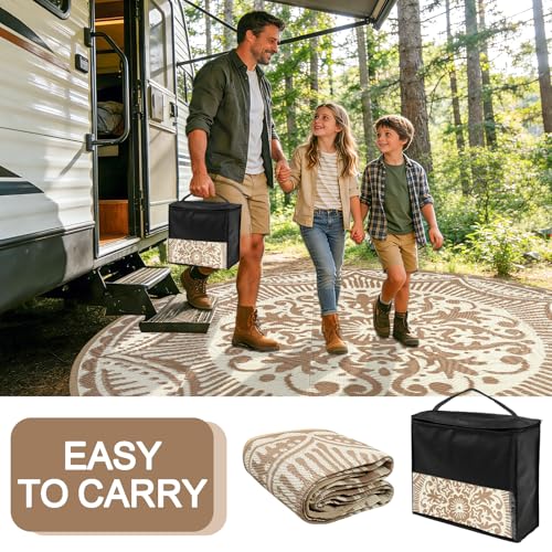 Capslpad 10x10 Floral Outdoor Rug for Patio Clearance Reversible Mat Round Portable Plastic Straw Carpet Waterproof Boho Indoor Outside Area Rugs for RV Camping Picnic Balcony Beach Deck, Light Beige - color: Light Beige, size: 10' (Round)