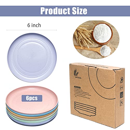 DAPIPIK 6 PACK 6 Inches wheat straw plates, Unbreakable Deep Dinner Plates, Plastic Plates Reusable, Assorted Colors Dinnerware Sets, Microwave & Dishwasher Safe