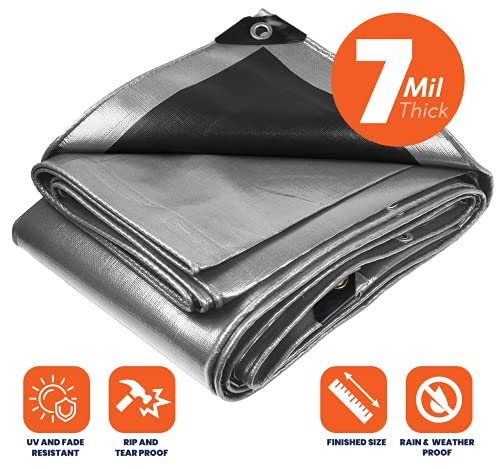Heavy Duty 7 Mil Tarp Cover, Waterproof, UV Resistant, Rip and Tear Proof, Poly Tarpaulin with Reinforced Edges for Roof, Camping, Patio, Pool Cover, Boat (Silver/Black 6′ X 8′) - color: Silver/Black-7 Mil, size: 6′ X 8′