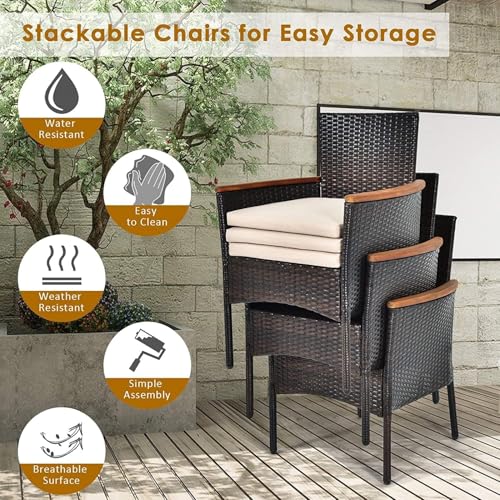 HAPPYGRILL 7-Piece Rattan Patio Dining Set Outdoor Wicker Dining Set with Umbrella Hole, Removable Cushions, Table & Chairs Set with Acacia Wood Table Top - color: Brown & Tabletop B