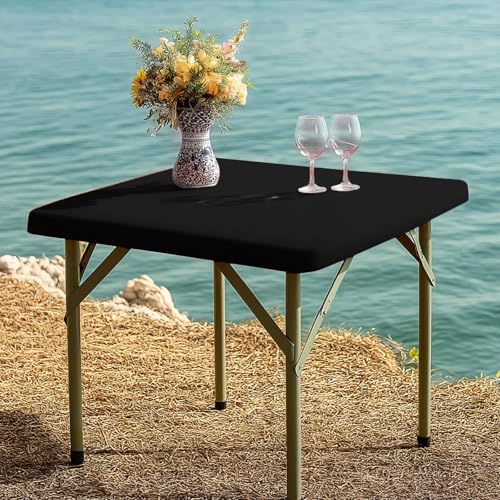 Fitted Tablecloth Black Card Elastic Spandex Table Cover-Small Stretch Folding Table Cloths for Kitchen Dining Picnic Patio Outdoor Party (Black, 34in*34in) - color: Black, size: 34" x 34" (Square)