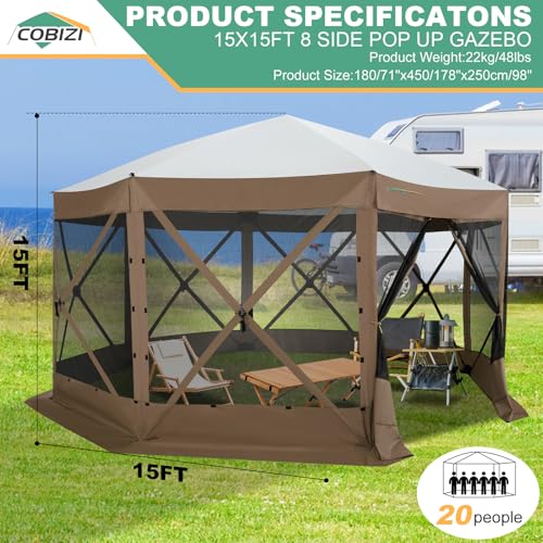 COBIZI 15x15 FT Pop Up Gazebo - Canopy Tent, Large Gazebos On Clearance with Sidewalls, Screened in Gazebo,carpas para Patio,Portable Screen Tents for 12-15 Persons Outdoor Camping, Backyard,Brown - color: Brown, size: 15x15ft Essential Gazebo