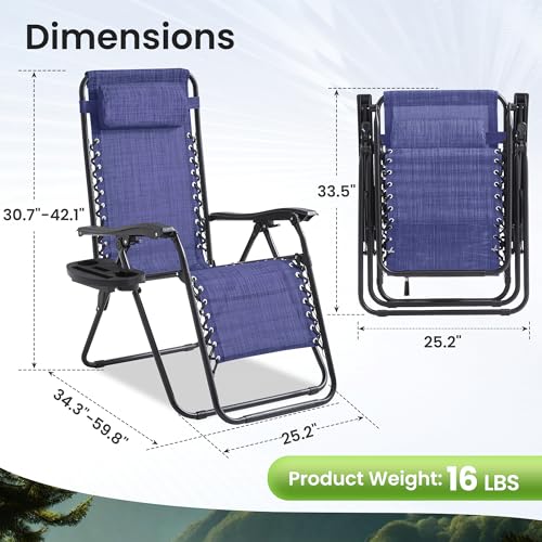 Zero Gravity Chair Set of 4 Oversized Folding Recliner, Padded Anti Gravity Lounge Chair with Adjustable Pillow & Cup Holder for Outdoor Camping, Patio, Poolside, Lawn (Blue) - color: Blue, size: 4 PCS