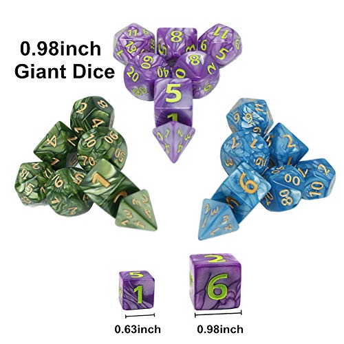 3 Pack 25mm Giant DND Dice Set for Dungeons and Dragons D&D RPG Pathfinder Role Playing Game Blue Green Purple Oversize Polyhedral Dice with Bag - color: Blue Green Purple