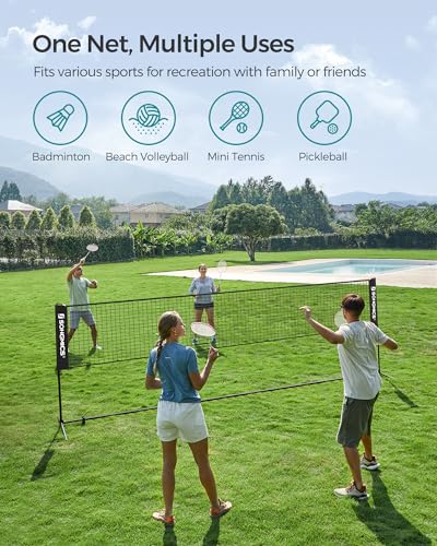 SONGMICS Badminton Net, Height Adjustable Volleyball Net, Pickleball Net for Junior Tennis, Kids, Indoor Outdoor Court, Foldable Nylon Net with Poles 10ft/13ft/16.5ft Wide - color: Black, size: 16.5FT