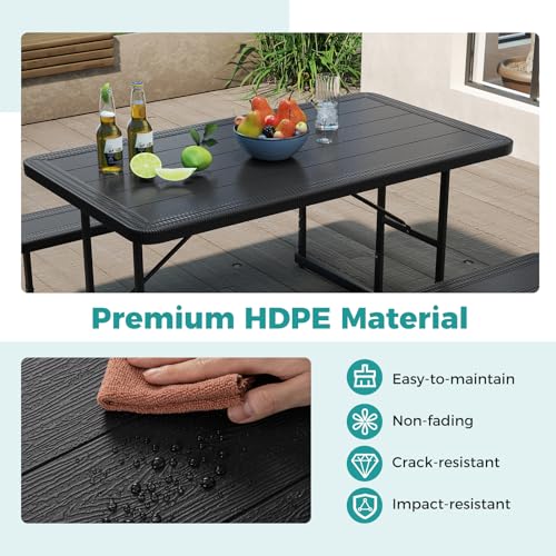 LDAILY Picnic Tables with Benches, Rectangular Dining Table Set for Outside 4 People, HDPE Tabletop, Metal Frame, Umbrella Hole, Heavy Duty Picnic Table for Outdoors, Patio, Lawn, Commercial (Black) - color: Black