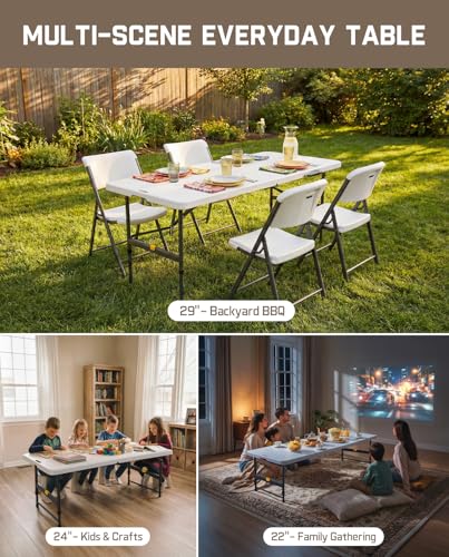 FanttikOutdoor 6ft Folding Table, 3 Heights, One-Handed Height Adjustment, Gravity Lock, Carry Handle, Indoor Outdoor Heavy Duty Fold-in-Half Portable Utility Table, Party, Granite White Zeta X6 Pro - color: Granite White
