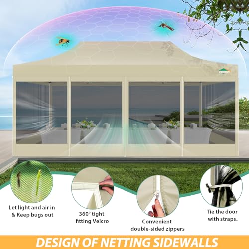 COBIZI 10x20 Canopy Tent with 6 Sidewalls,Heavy Duty Pop up Canopy with Mosquito Netting,Easy up Screen Tent for Parties Wedding Outdoor Patio with Roller Bag,Khaki - color: Khaki, size: 10x20ft(standard)