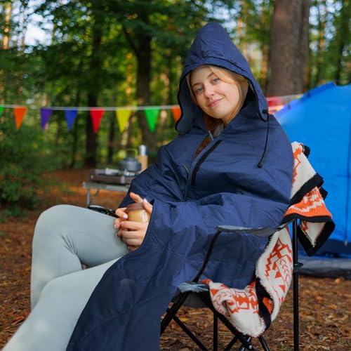 Large Outdoor Waterproof Blanket Extra Thick Fleece Stadium Blanket for Camping, Car, Pet, Picnics - Windproof, Wearable, Machine Washable 80" x 58" (Deep Blue,Hooded) - color: Hooded-deep Blue