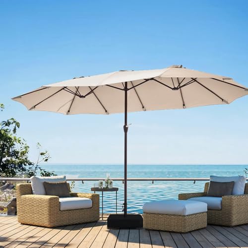 JEAREY 15ft Large Patio Umbrella with Base, Outdoor Rectangle Umbrella Double-Sided Market Umbrella with Stand for Pool, Deck, Backyard and Garden, Beige - color: Beige