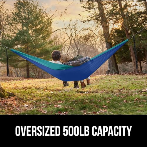 GORILLA GRIP Durable Camping Hammock with Heavy Duty Tree Straps, Portable Hammocks for Outside, Easy to Use Travel Swing Chair, Outdoor Camper Hiker Essentials, Backpacking Gear Gifts, Double, Blue - color: Dark Blue/Light Blue, size: Double (10' x 6.5')