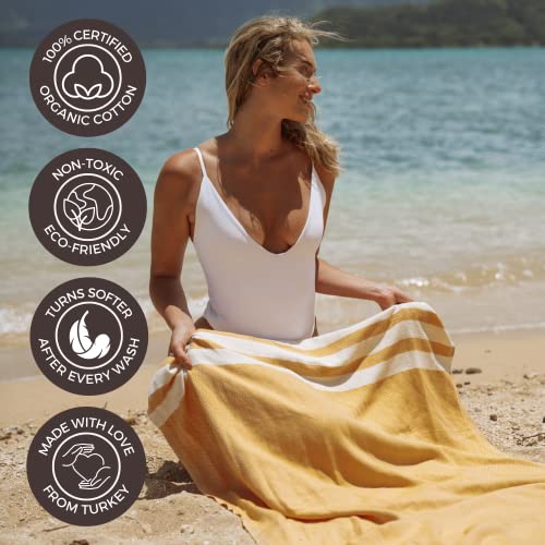 FESHKA Sand Proof Turkish Beach Towel – Oversized, Quick Dry & Lightweight Travel Towel - 100% Organic Cotton Beach Blanket - Perfect for Bath, Pool & Picnic | Honey Drop (Yellow) - color: 28 - Yellow